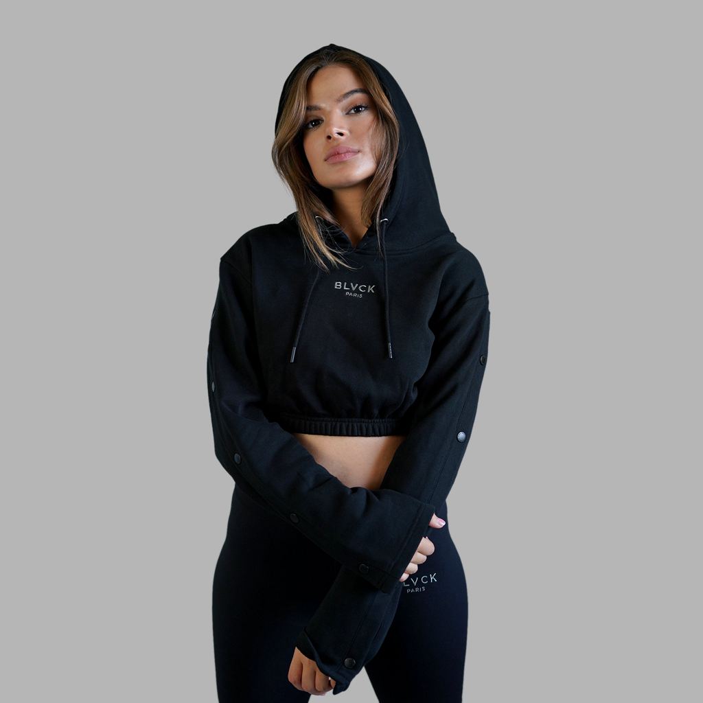 Black Blvck Buttoned Crop Hoodie Singapore | 317059-VJE